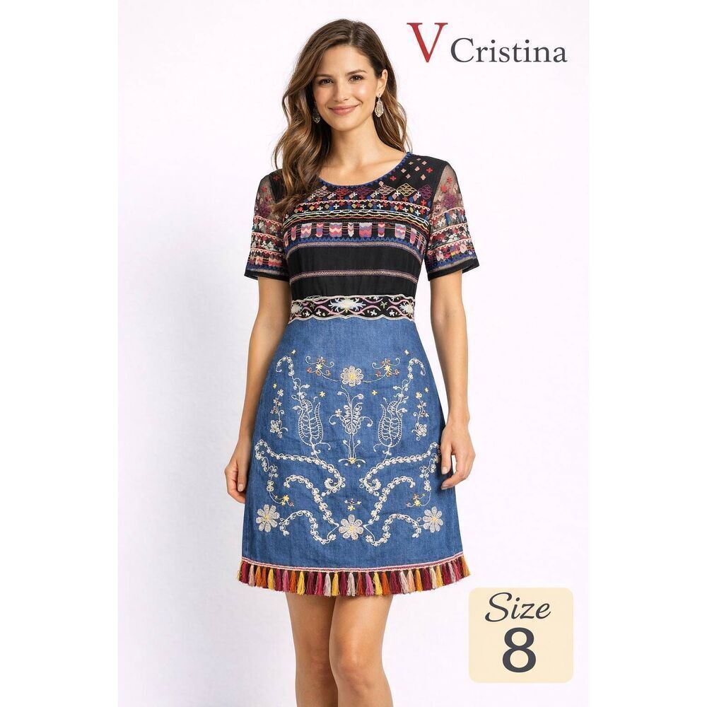 V Cristina Dress Size 8 Embroidered Boho Denim Fringe Hem Short Sleeve